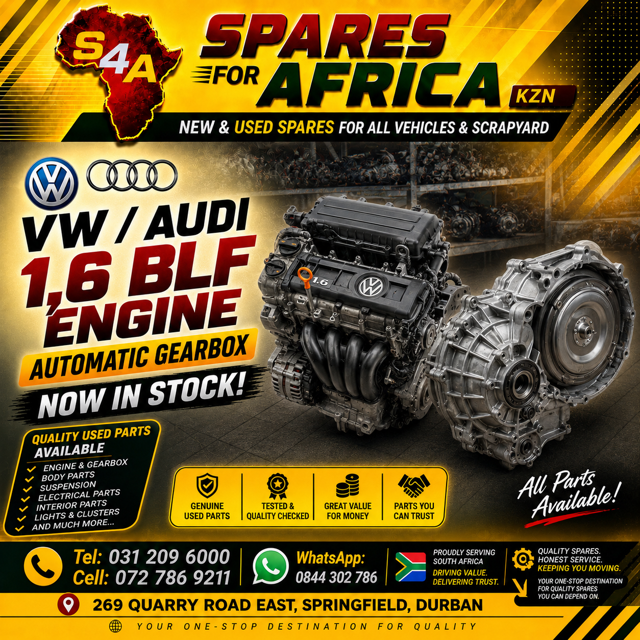 Vw /Audi 1,6i BLF engine & Automatic gearbox available @ SPARES FOR AFRICA KZN
